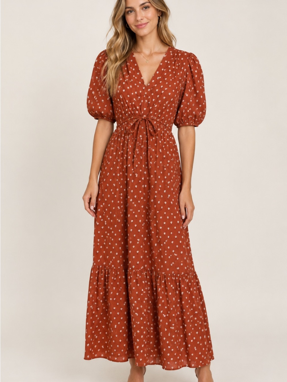 AUREUM Rust Polka Dot Tie-Waist Maxi Dress